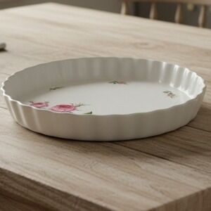 Christineholm Porcelain Quiche Tart Pan Pink Rose Floral Fluted Ceramic Baker